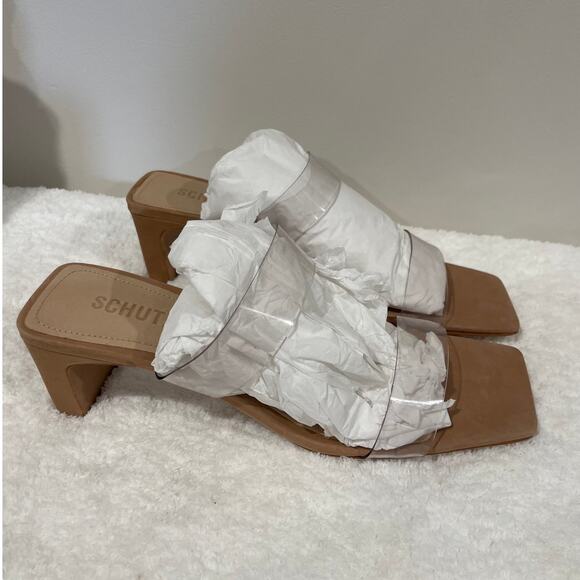 NEW Schutz Taina Vinyl & Leather Slip On Double Strap Mule Sandal Honey Beige 9B - Picture 3 of 8